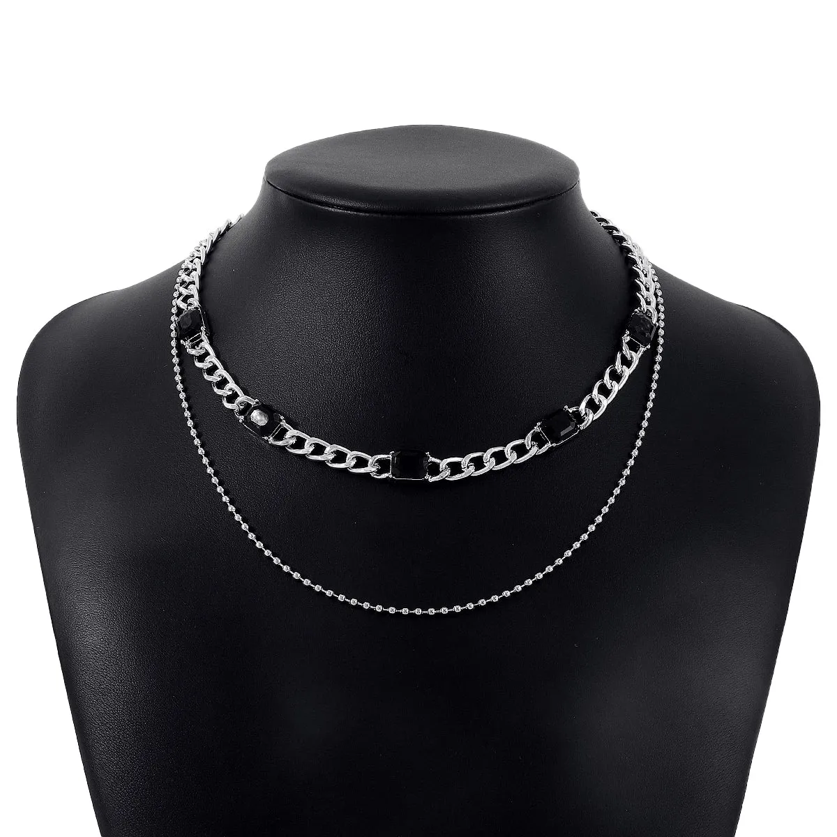 Black Crystal & Silver-Plated Dual-Chain Station Layered Necklace