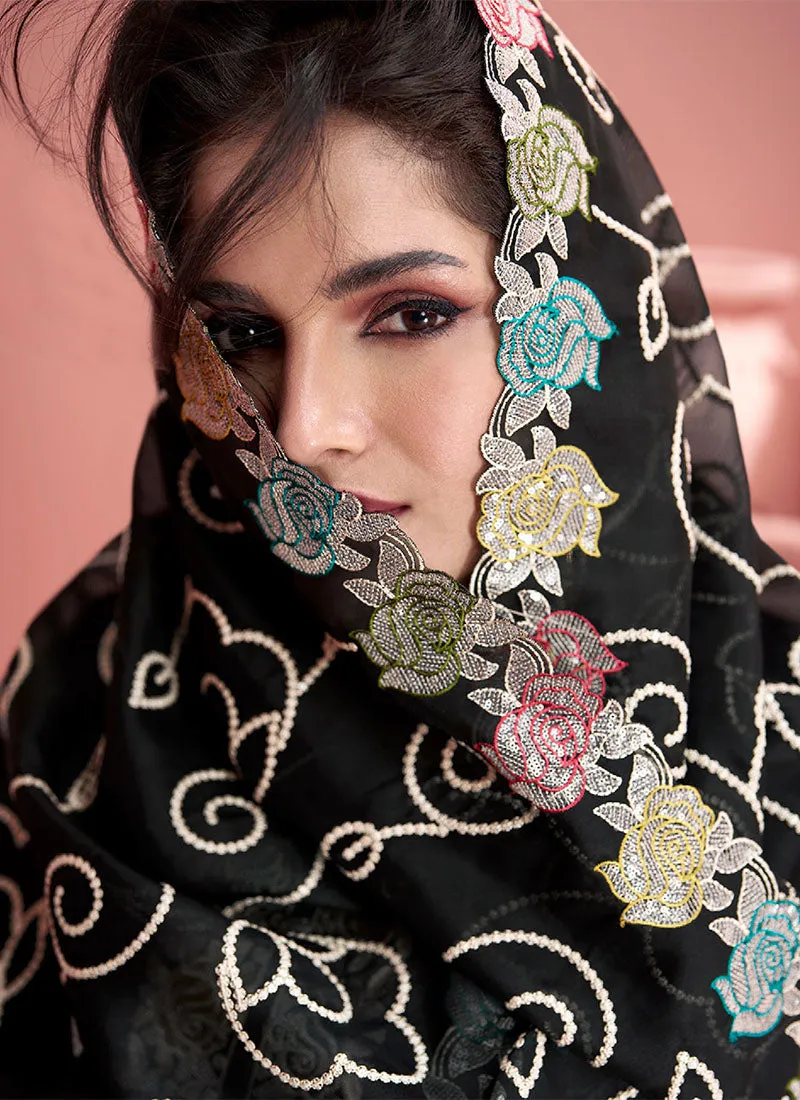 Black Embroidery Silk Palazzo Suit