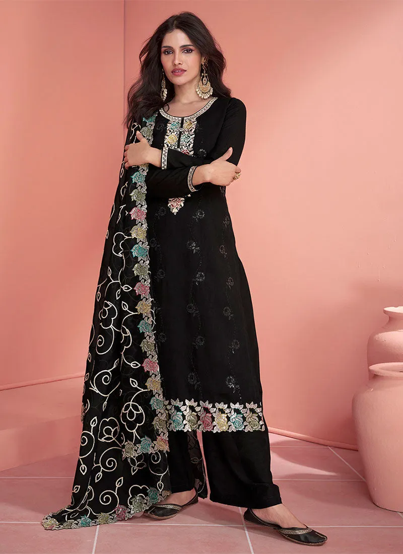 Black Embroidery Silk Palazzo Suit