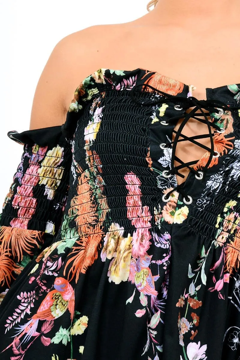 Black Floral Smocked Lace Up Off Shoulder Top - Lorrie