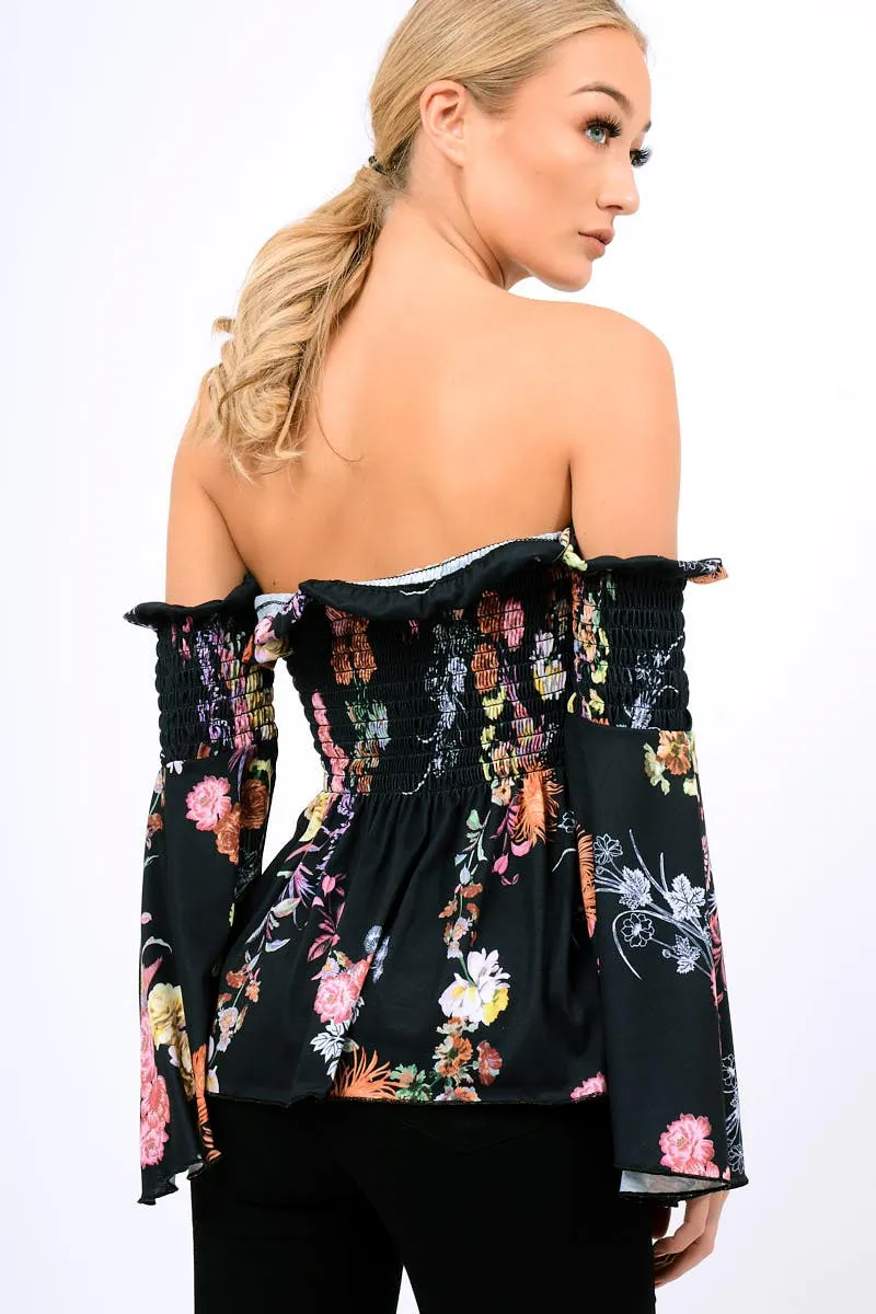 Black Floral Smocked Lace Up Off Shoulder Top - Lorrie