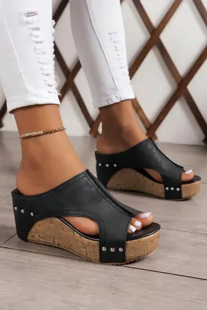Black Hollow Out Studded Leather Wedge Slippers