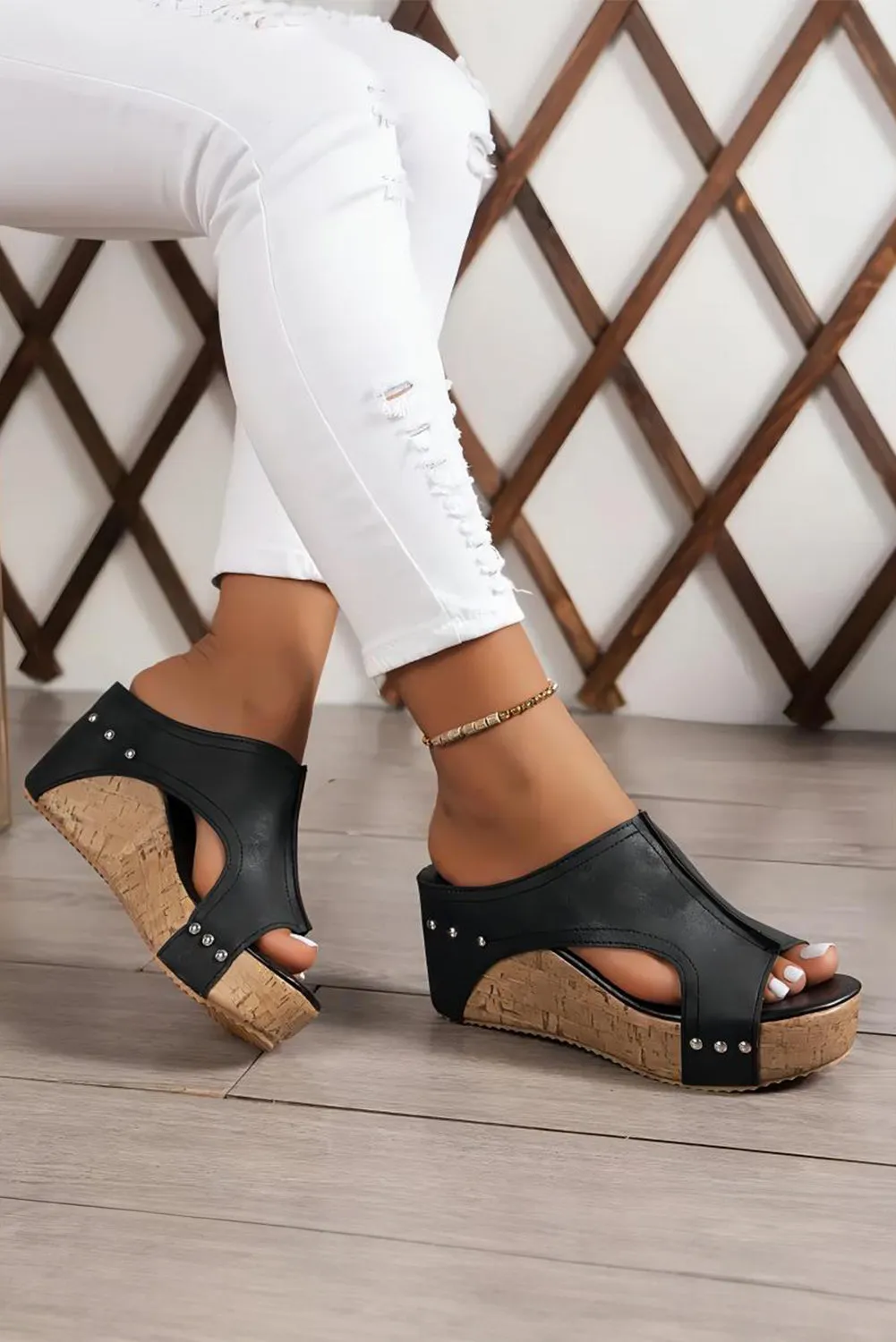 Black Hollow Out Studded Leather Wedge Slippers