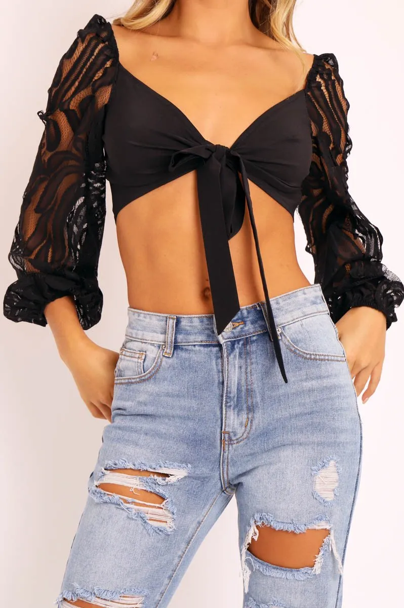 Black Lace Puff Sleeve Tie Front Crop Blouse - Nishka