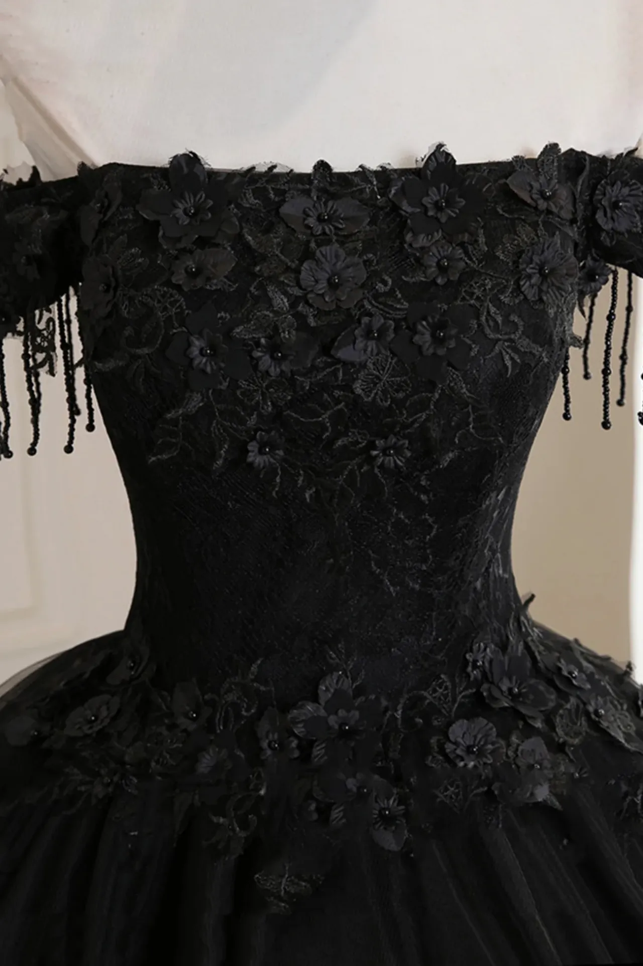 Black Off Shoulder Tulle Ball Gown with Lace Sweet 16 Dress, Black Long Evening Dress