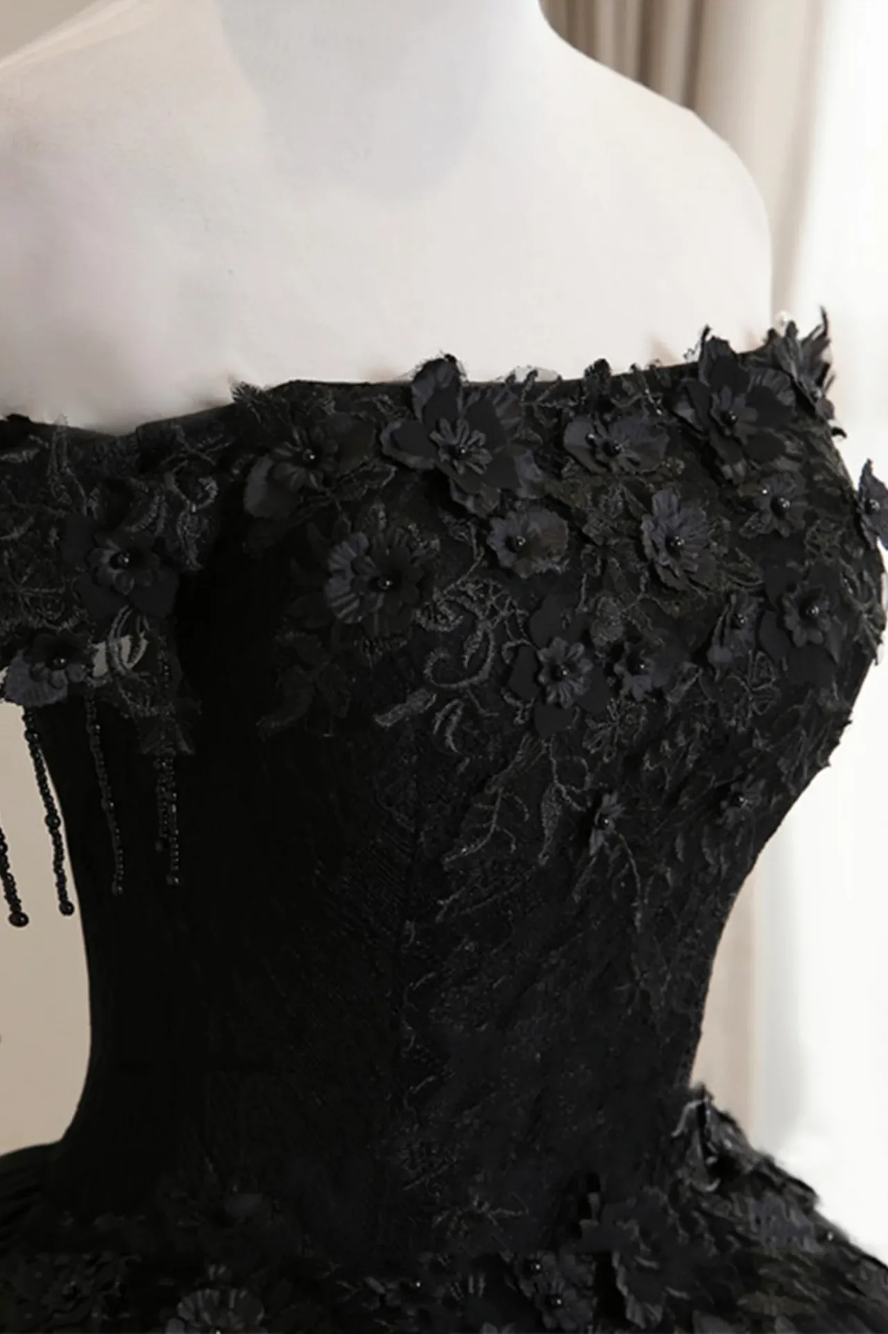 Black Off Shoulder Tulle Ball Gown with Lace Sweet 16 Dress, Black Long Evening Dress