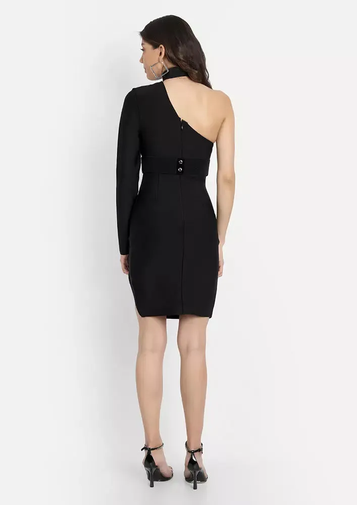 Black One Shoulder Choker Neck Studded Belt Mini Dress