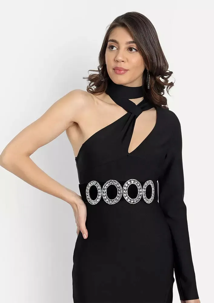 Black One Shoulder Choker Neck Studded Belt Mini Dress