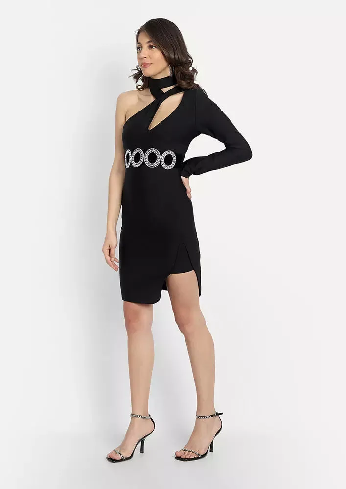 Black One Shoulder Choker Neck Studded Belt Mini Dress