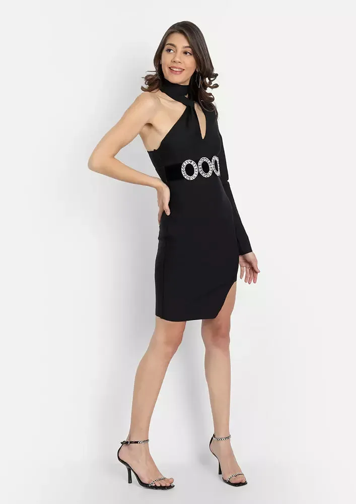 Black One Shoulder Choker Neck Studded Belt Mini Dress