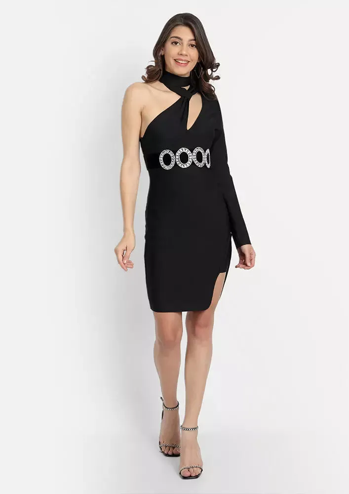 Black One Shoulder Choker Neck Studded Belt Mini Dress