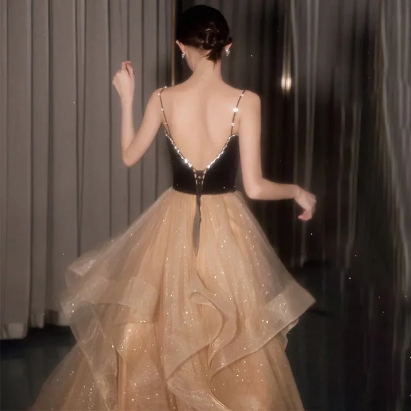 Black Straps V-neckline Layers Tulle Long Party Dresses, Glam Prom Dresses Formal Gown