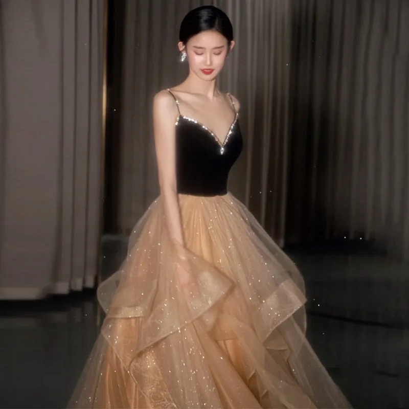 Black Straps V-neckline Layers Tulle Long Party Dresses, Glam Prom Dresses Formal Gown
