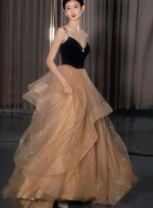 Black Straps V-neckline Layers Tulle Long Party Dresses, Glam Prom Dresses Formal Gown