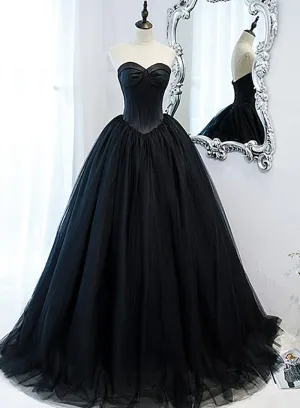 Black Sweetheart Tulle Long Evening Dress, Black Sweet 16 Gowns