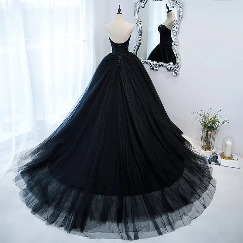 Black Sweetheart Tulle Long Evening Dress, Black Sweet 16 Gowns