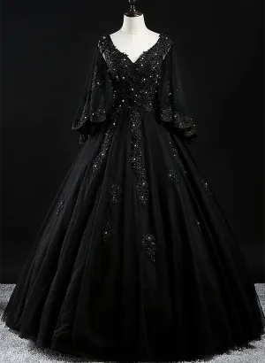 Black Tulle with Beaded Long Prom Dress, Black Evening Dress Sweet 16 Dress
