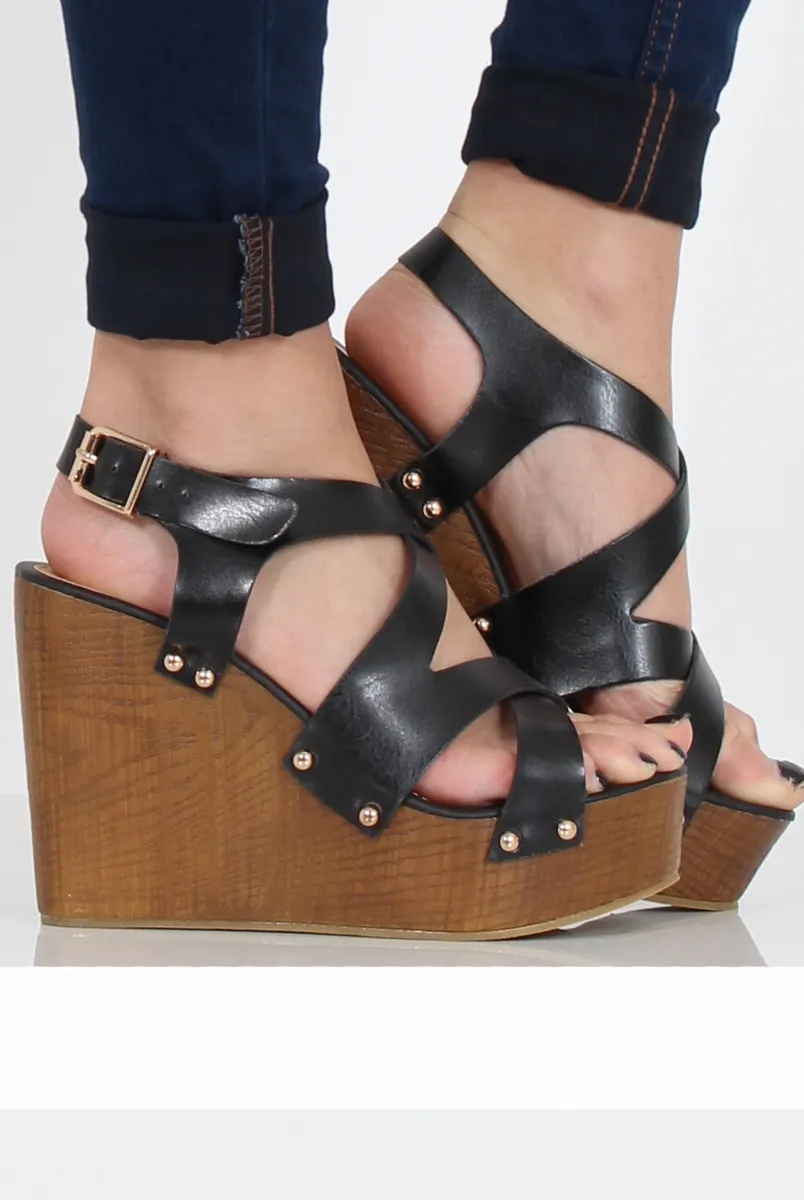 Black Wedge Cut Out Sandals - Kelis