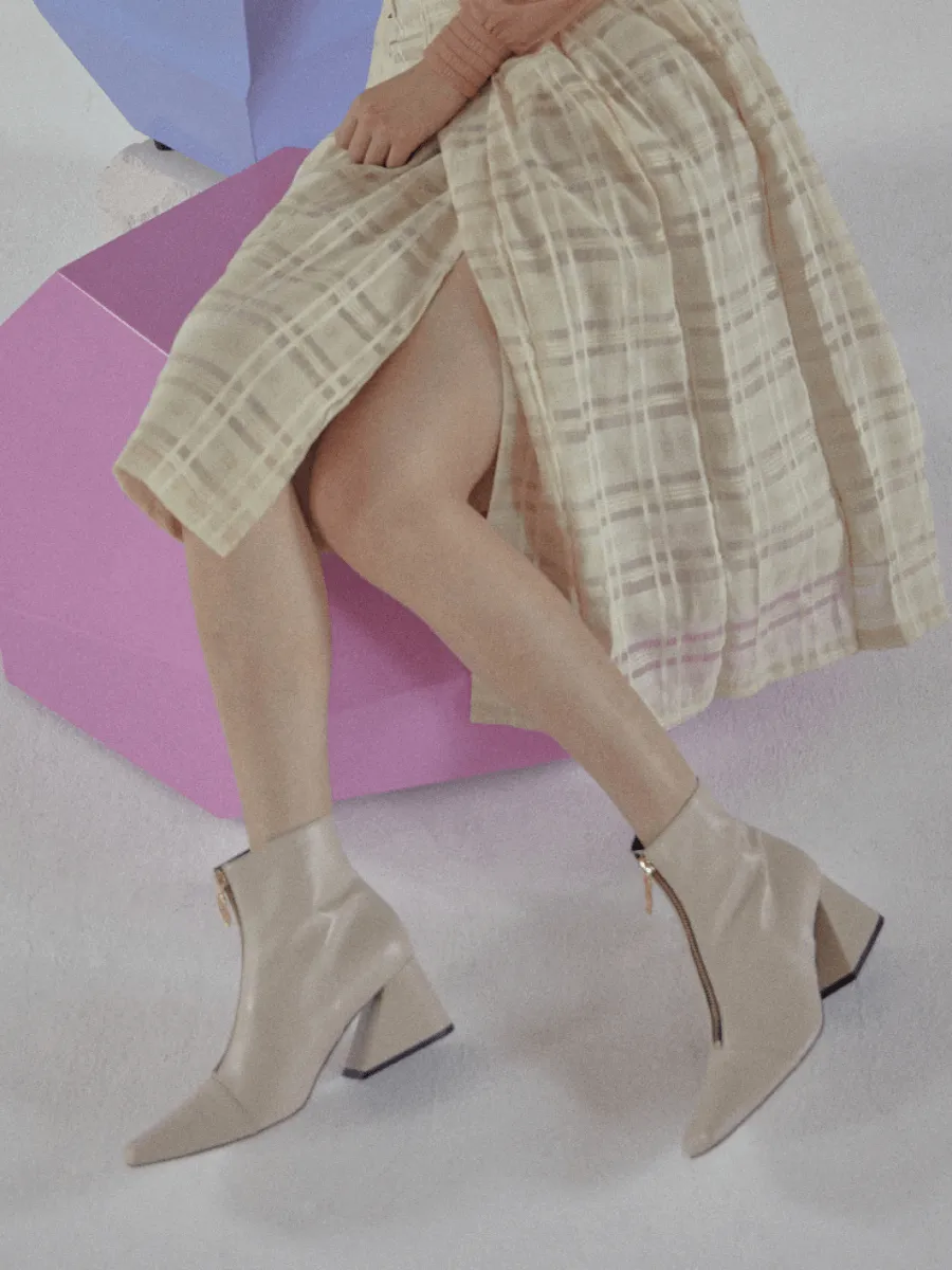 Block Heel Leather Ankle Boot - Beige