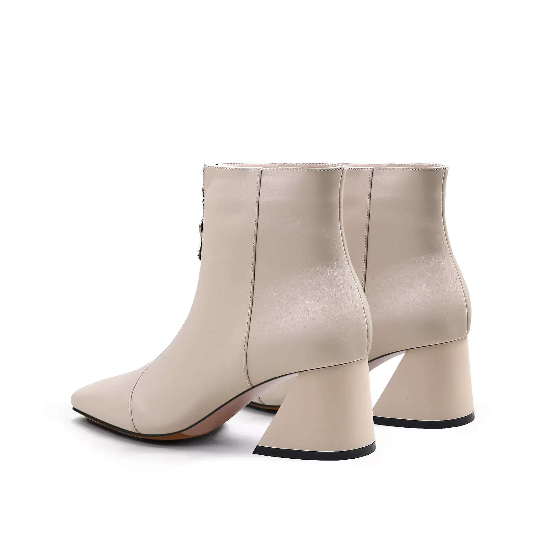 Block Heel Leather Ankle Boot - Beige