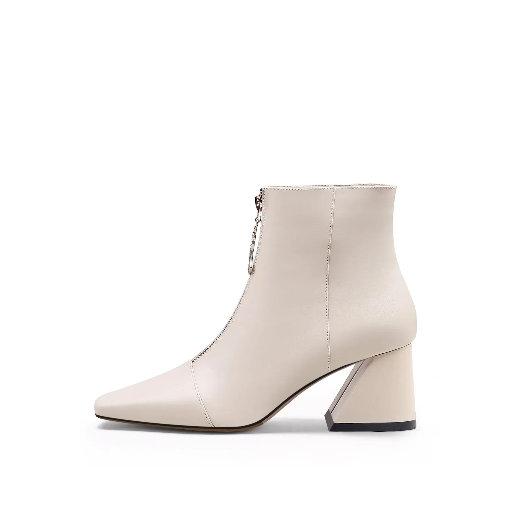 Block Heel Leather Ankle Boot - Beige