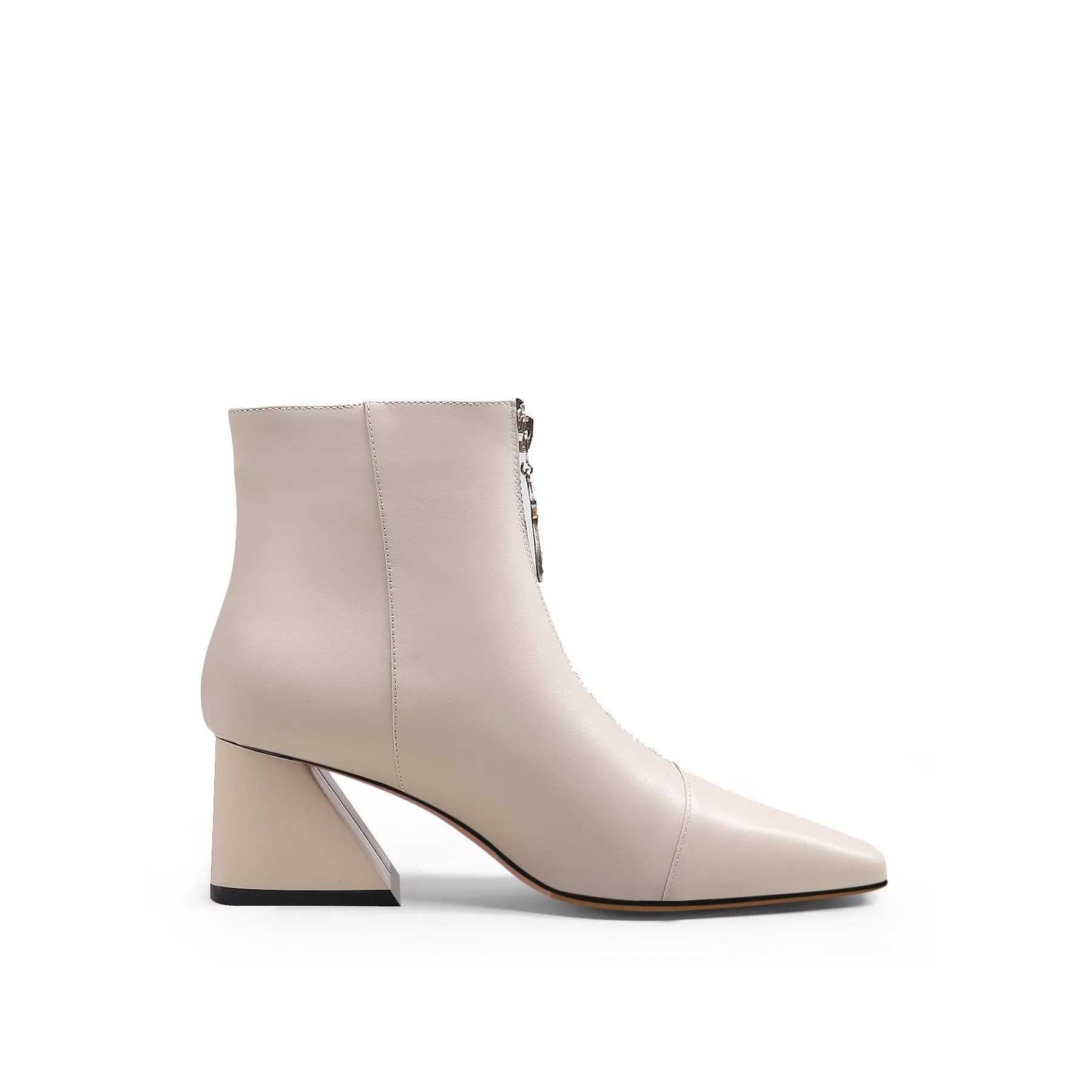 Block Heel Leather Ankle Boot - Beige