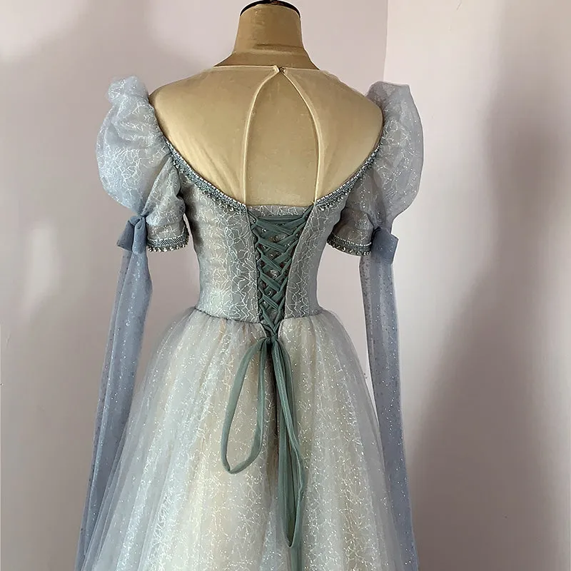 Blue and Champagne Tulle Beaded Shiny Tulle Prom Dresses, A-line Long Party Dresses