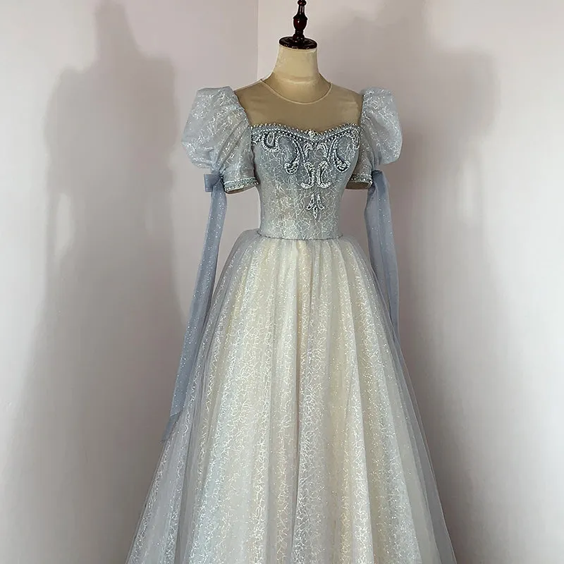 Blue and Champagne Tulle Beaded Shiny Tulle Prom Dresses, A-line Long Party Dresses