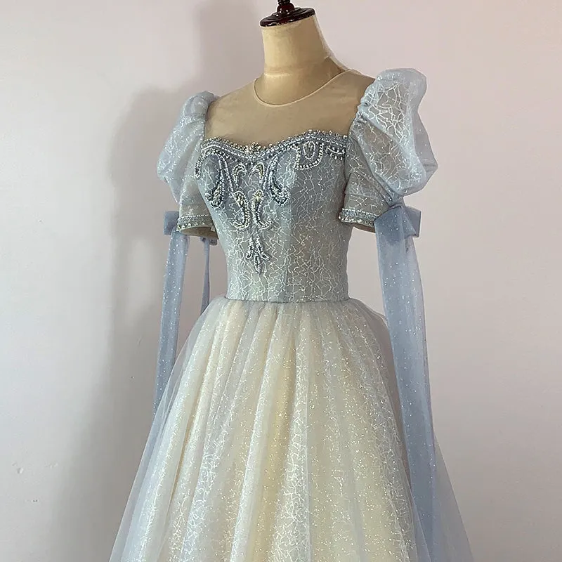 Blue and Champagne Tulle Beaded Shiny Tulle Prom Dresses, A-line Long Party Dresses