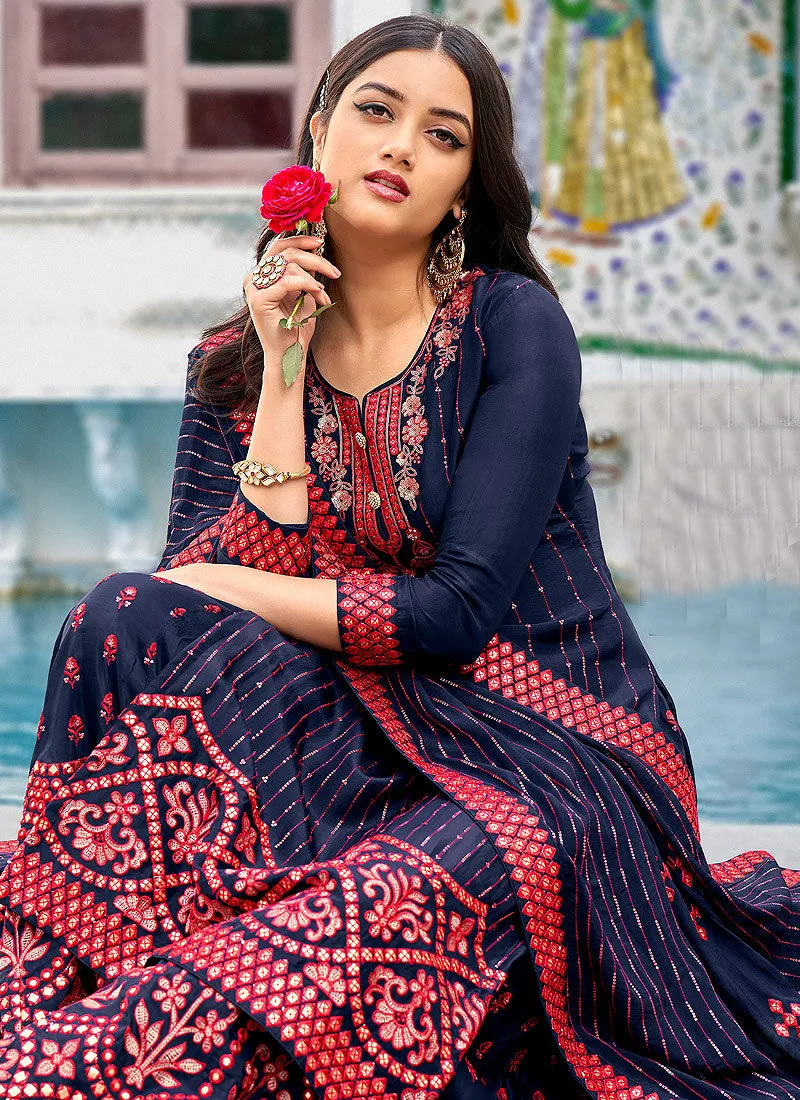 Blue And Red Embroidered Georgette Gharara Suit