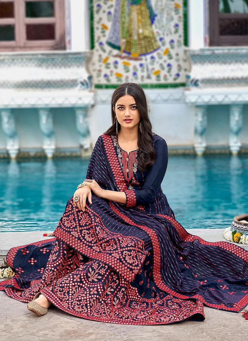 Blue And Red Embroidered Georgette Gharara Suit