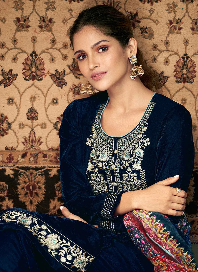 Blue And Red Velvet Pakistani Suit