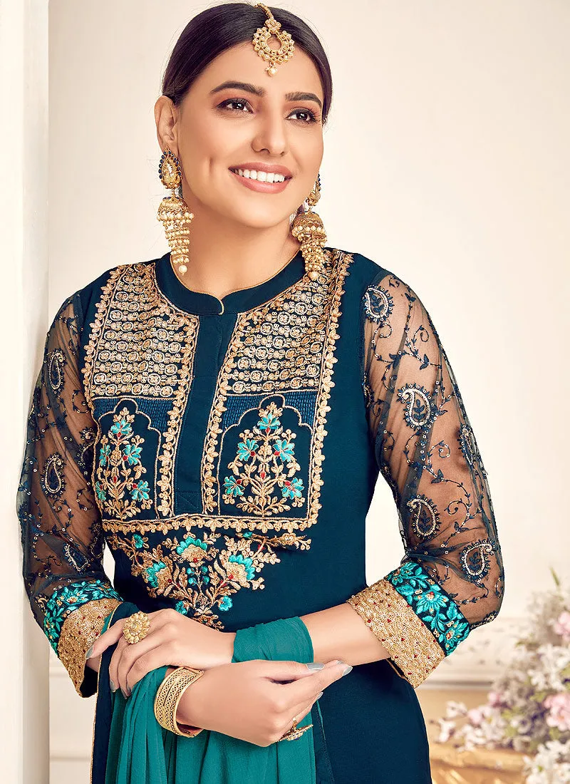 Blue and Turquoise Pakistani Palazzo Suit