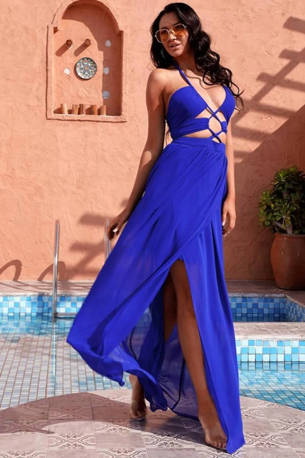 Blue Cut Out Boho Maxi Dress