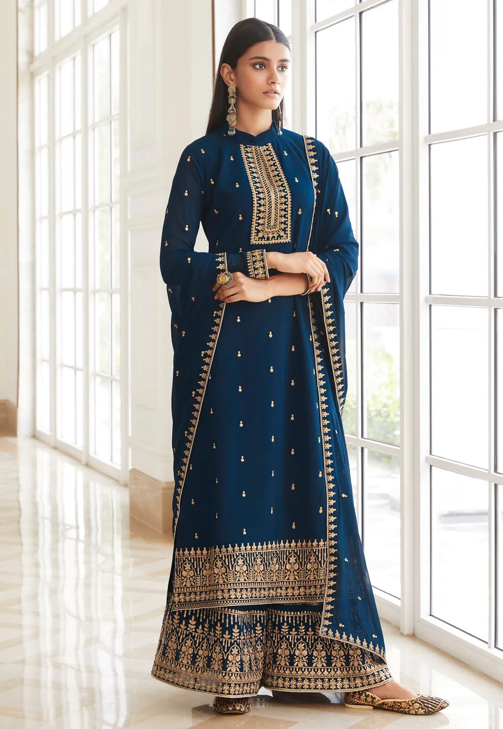 Blue Embroidered Designer Palazzo Suit