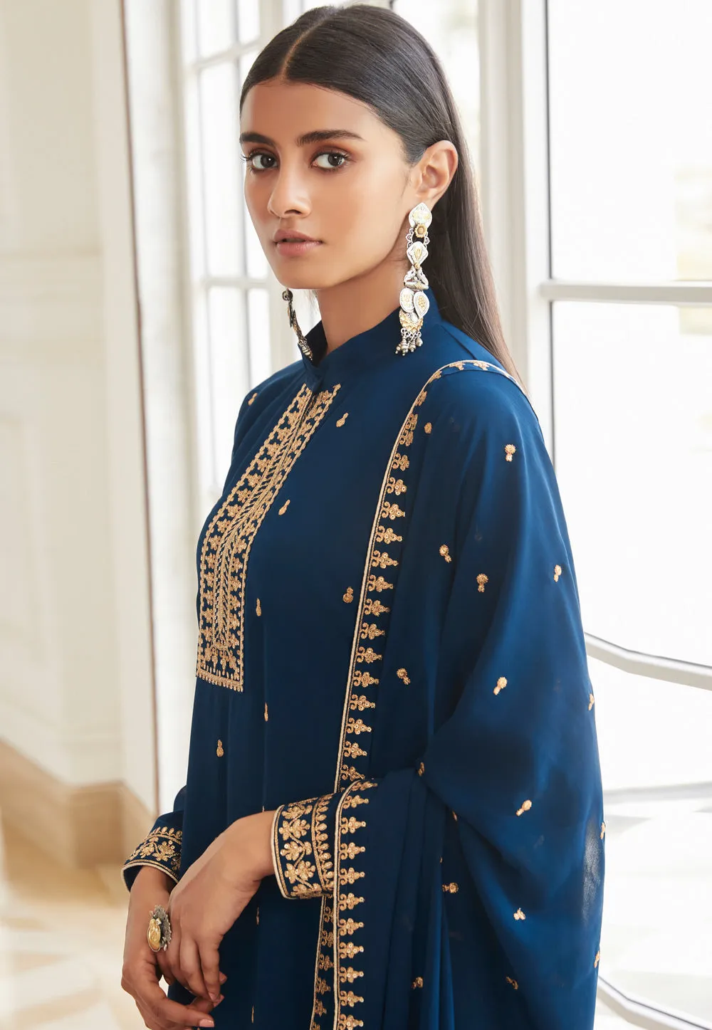 Blue Embroidered Designer Palazzo Suit