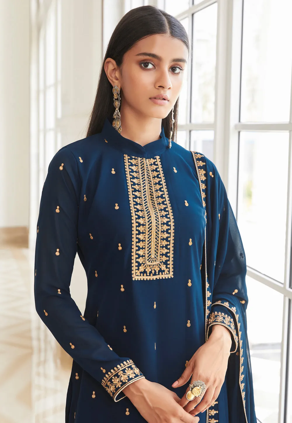 Blue Embroidered Designer Palazzo Suit