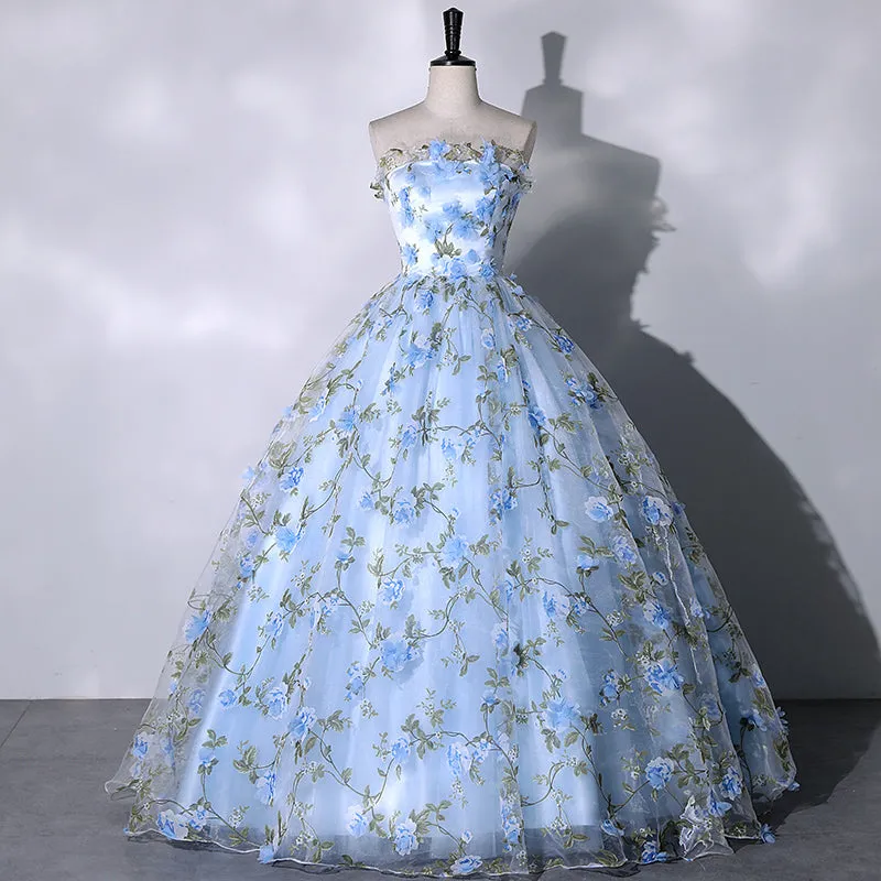 Blue Flowers Sweetheart Ball Gown Formal Dress, Blue Long Sweet 16 Dresses