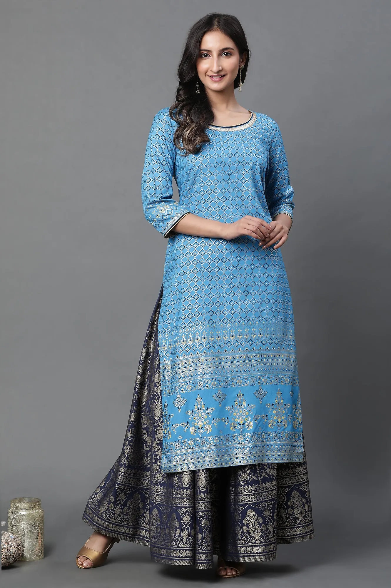 Blue Foil Printed Festive Kurta