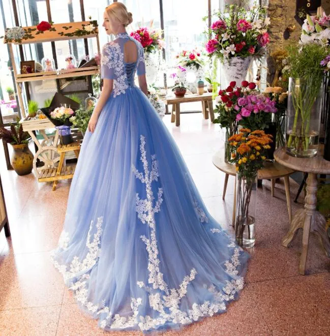 Blue Lace Short Sleeves Long Tulle Sweet 16 Gown, Blue Quinceanera Dresses