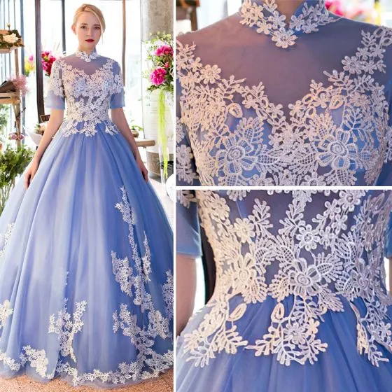 Blue Lace Short Sleeves Long Tulle Sweet 16 Gown, Blue Quinceanera Dresses