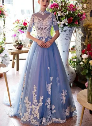 Blue Lace Short Sleeves Long Tulle Sweet 16 Gown, Blue Quinceanera Dresses