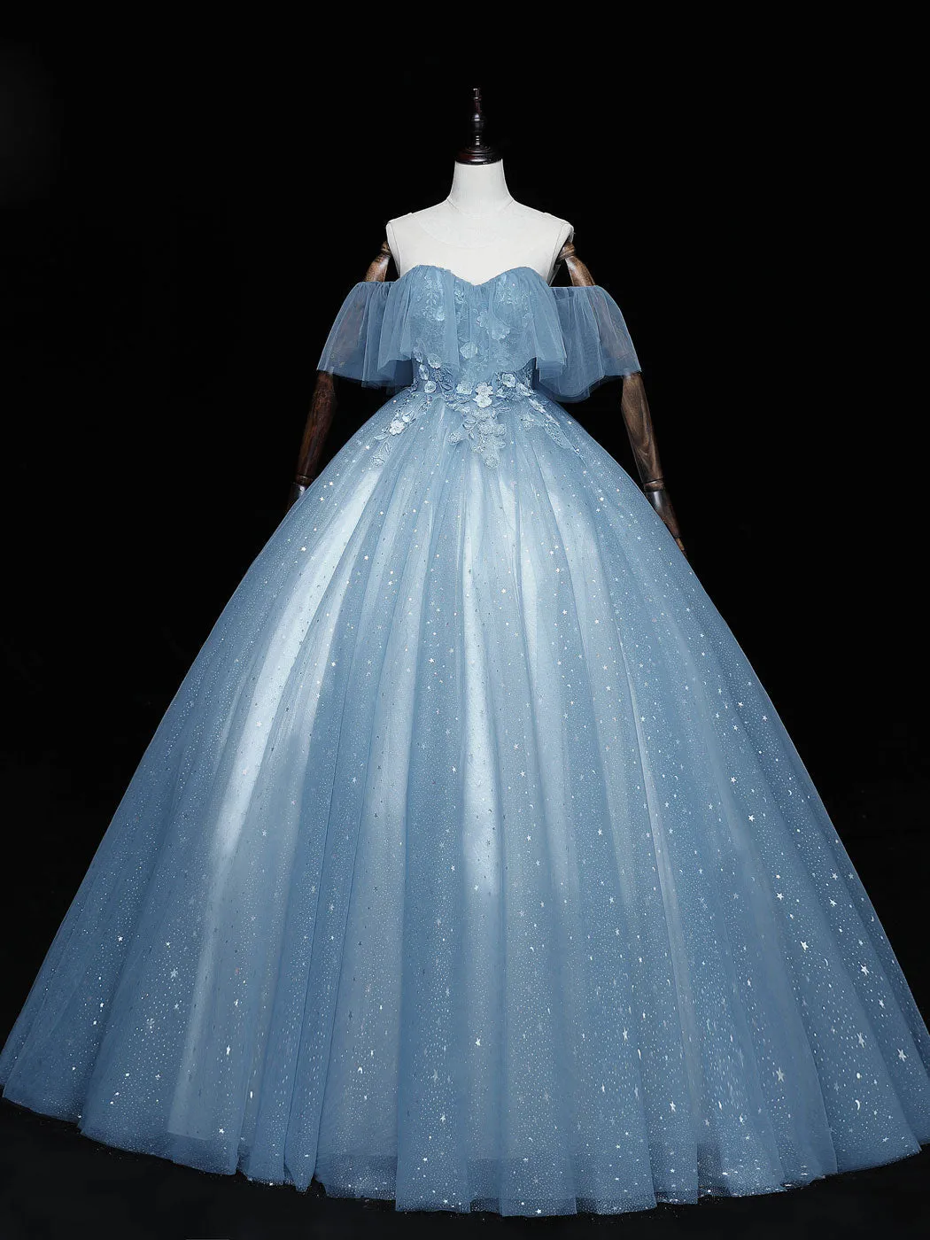 Blue sweetheart neck tulle long prom dress blue sweet 16 dress