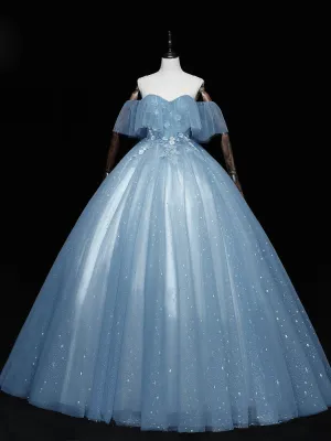 Blue sweetheart neck tulle long prom dress blue sweet 16 dress