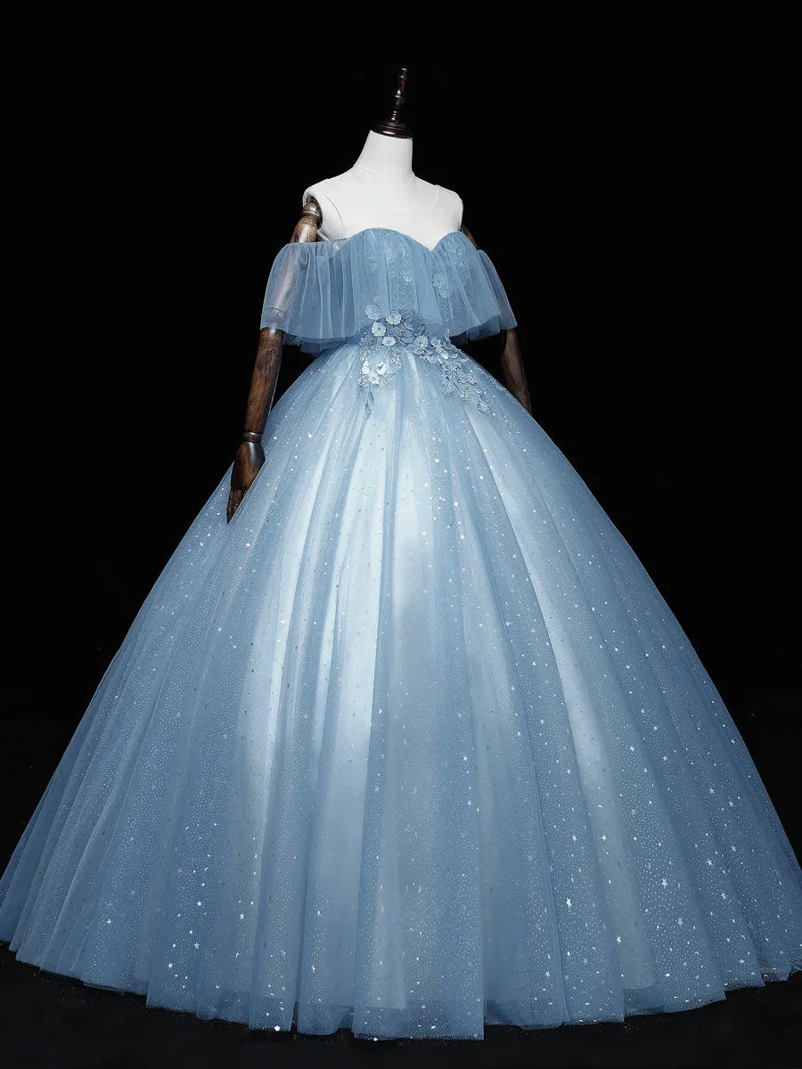 Blue sweetheart neck tulle long prom dress blue sweet 16 dress