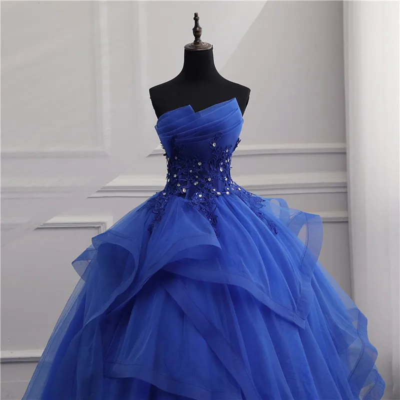 Blue Tulle Ball Gown Lace Beaded Long Quinceanera Dresses, Blue Sweet 16 Dress Wedding Party Dress