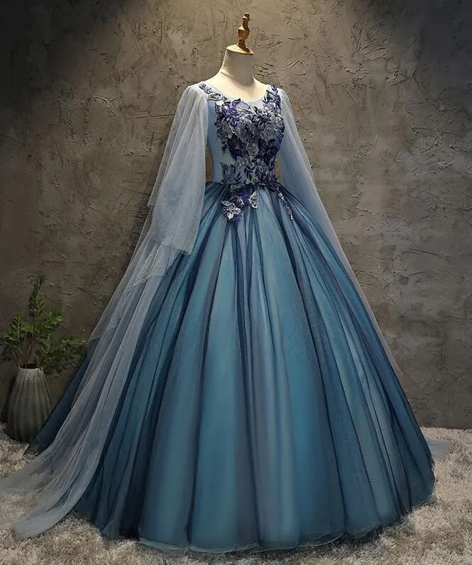 Blue Tulle Ball Gown Long Sweet 16 Dress with Lace Applique, Prom Dress