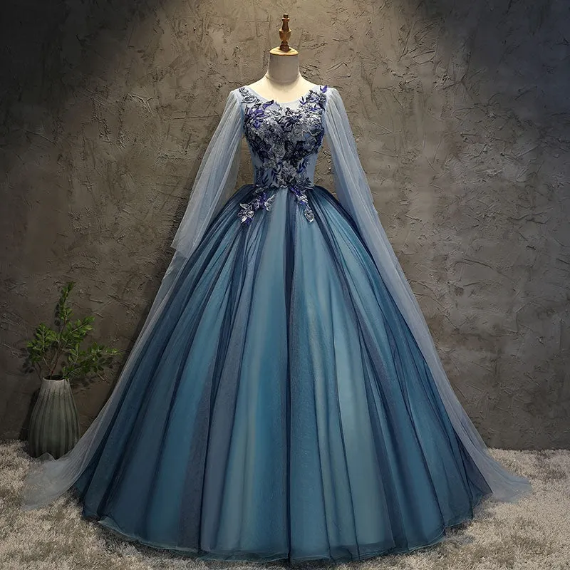 Blue Tulle Ball Gown Long Sweet 16 Dress with Lace Applique, Prom Dress