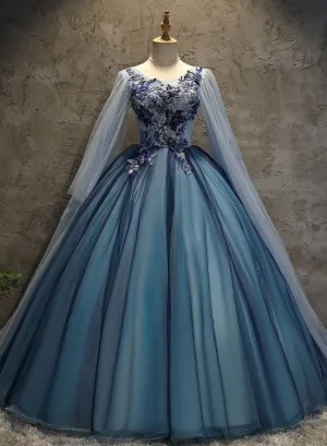 Blue Tulle Ball Gown Long Sweet 16 Dress with Lace Applique, Prom Dress