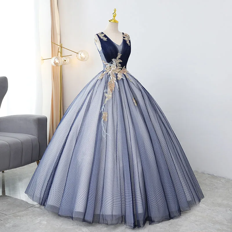 Blue Tulle Ball Gown V-neckline Sweet 16 Dresses, Blue Floor Length Formal Dresses Evening Gown